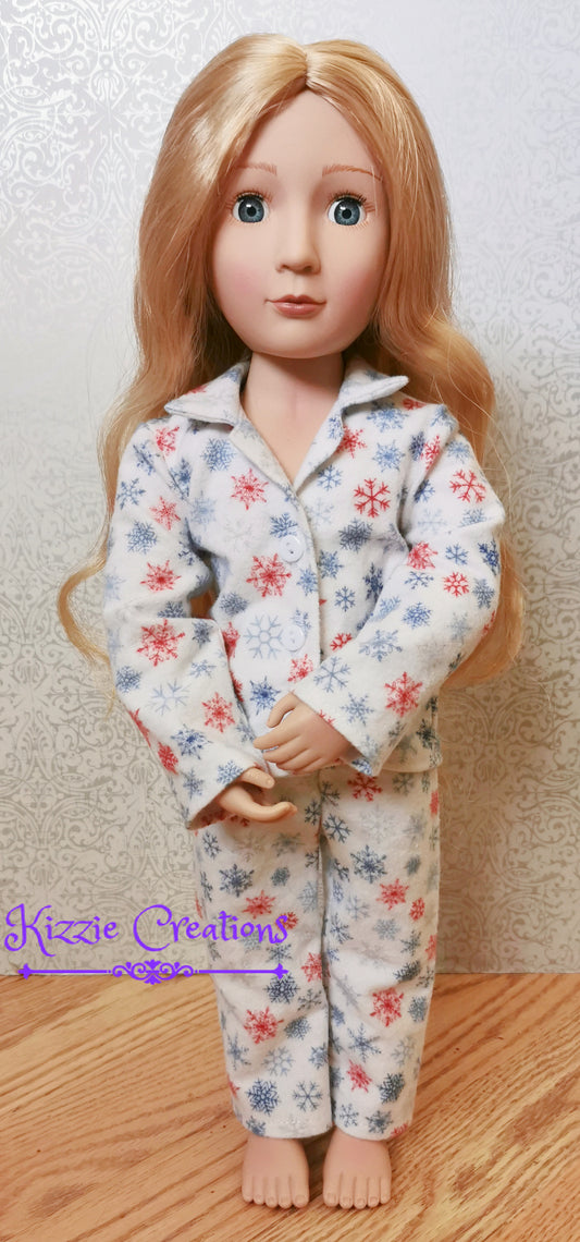 White With Snowflakes Pants Set Flannel Doll Pajamas
